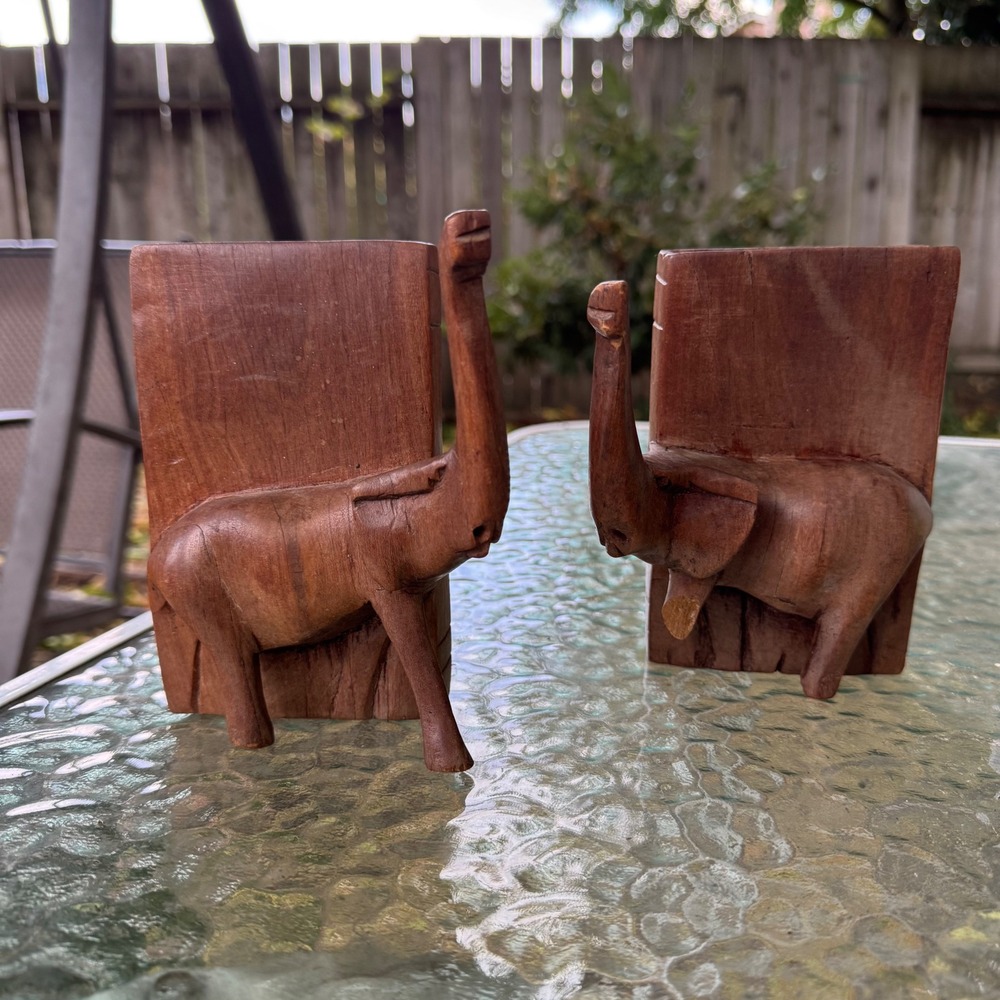 Vintage Hand Carved Dark Brown Wood Elephant Bookends Safari Decor Set of 2